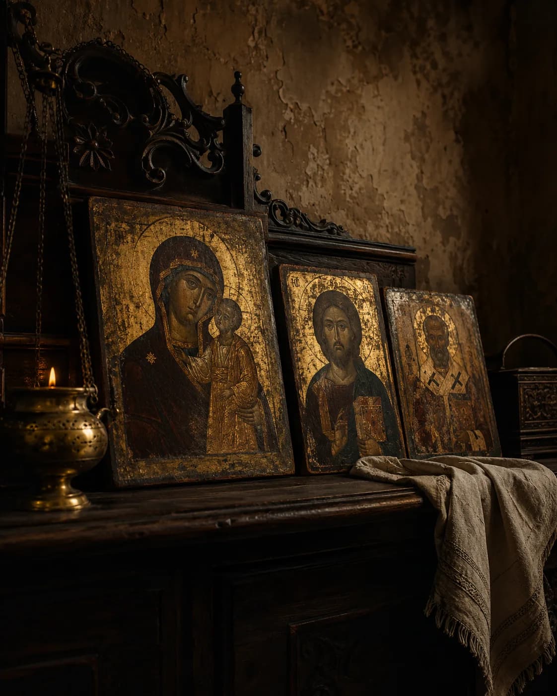 Russian icons in a warm, candle-lit sacred setting