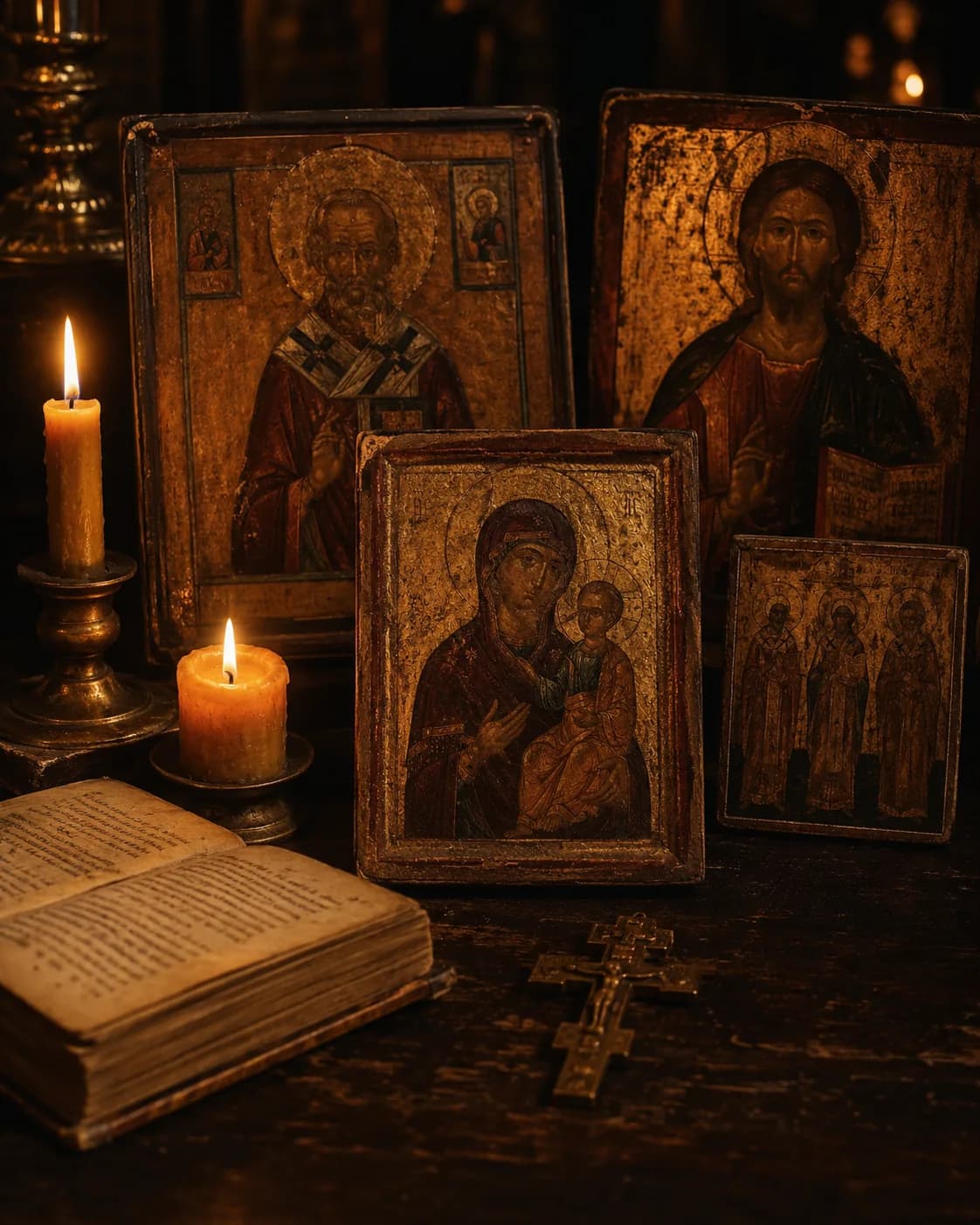 Russian icons displayed in a candle-lit sacred space