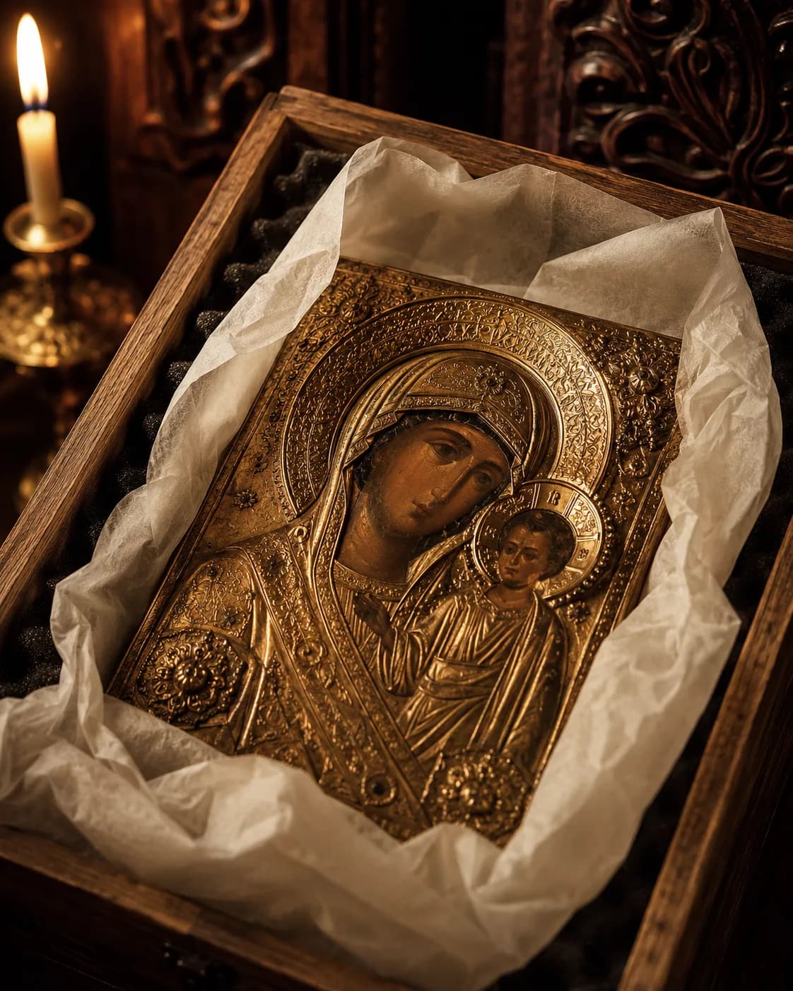 An antique Russian icon carefully prepared for shipping